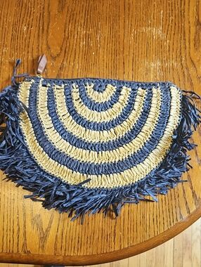Handwoven Navy and Natural Straw Fringe Clutch
